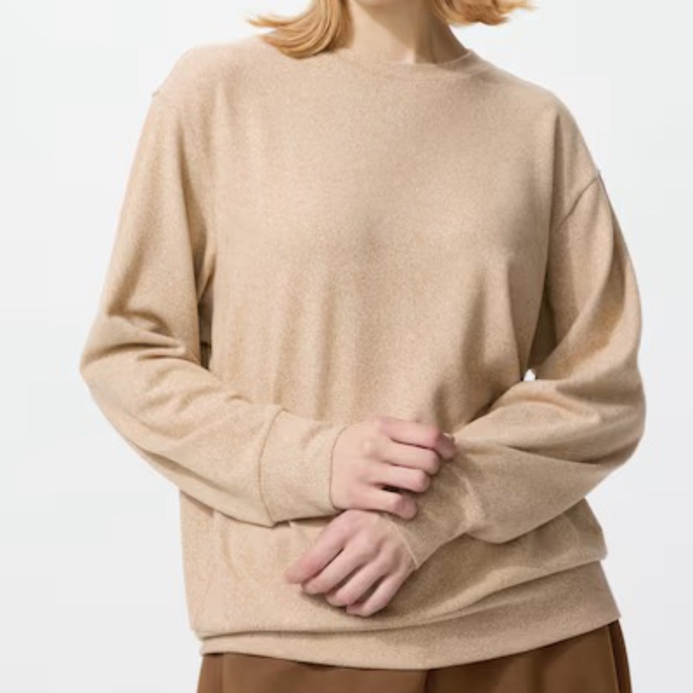 Uniqlo Women's Soft Knitted Fleece Crew Neck Long Sleeve-Beige-Sz M